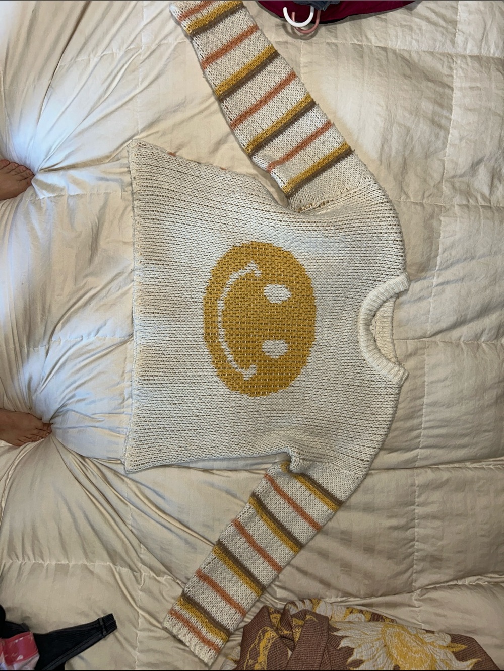 Cream Knit Sweater with Yellow Smiley - Women
